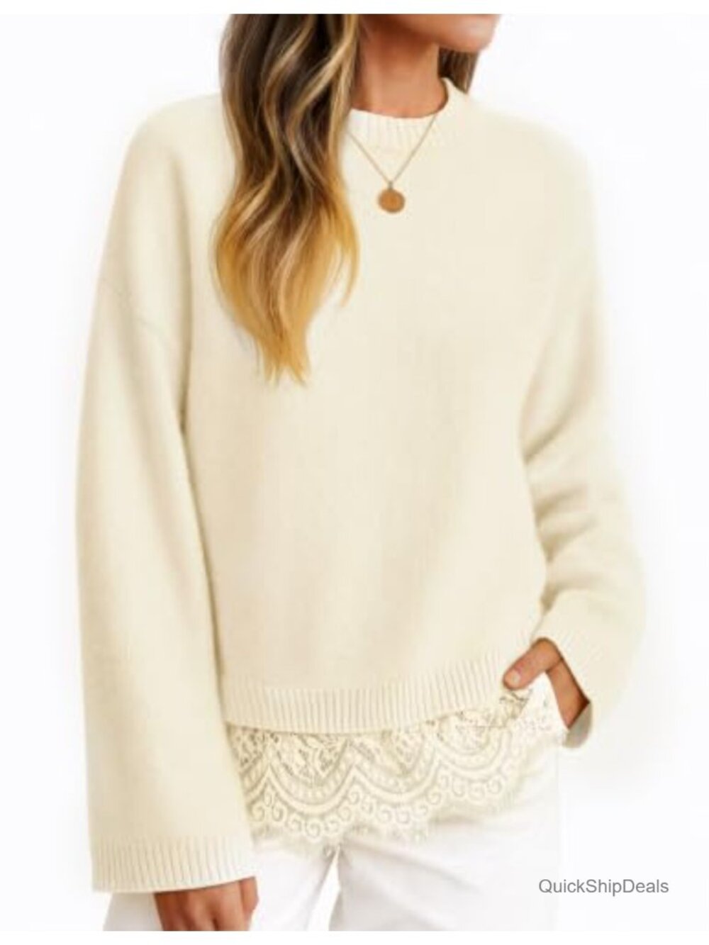 Lace Trim Pullover Sweater Crew Neck Drop Shoulder Long Sleeve Women's